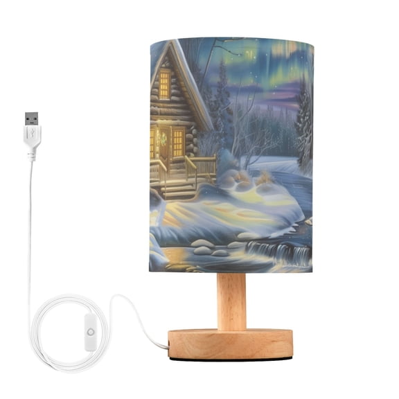 Bedside Desk Lamp LED Bulb Night Light USB Power Fabric Lampshade Table Lamps Snow Room and Aurora