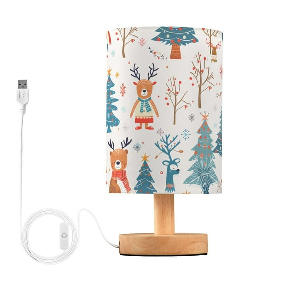 Bedside Desk Lamp LED Bulb Night Light USB Power Fabric Lampshade Table Lamps Snowflakes Deer Bear Trees