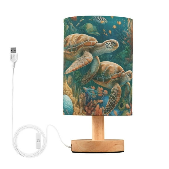 Bedside Desk Lamp LED Bulb Night Light USB Power Fabric Lampshade Table Lamps Underwater Sea Ocean Turtle