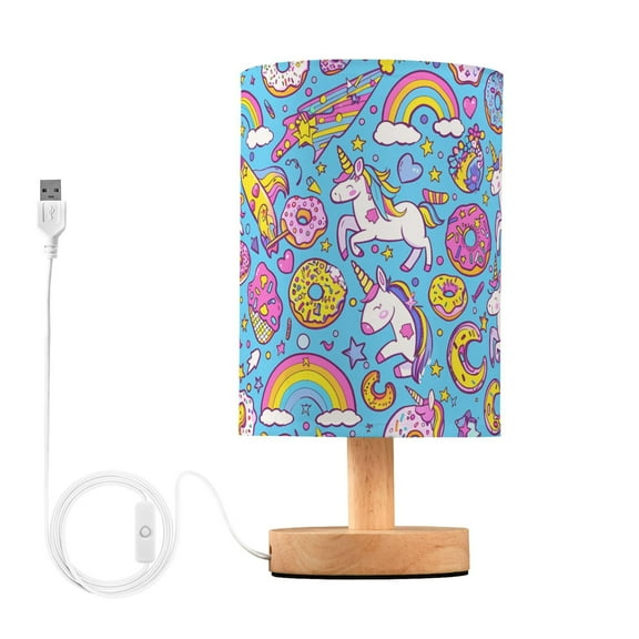 Bedside Desk Lamp LED Bulb Night Light USB Power Fabric Lampshade Table Lamps Unicorns Donuts Rainbow