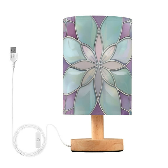 Bedside Desk Lamp LED Bulb Night Light USB Power Fabric Lampshade Table Lamps Violet Floral Stained Glass