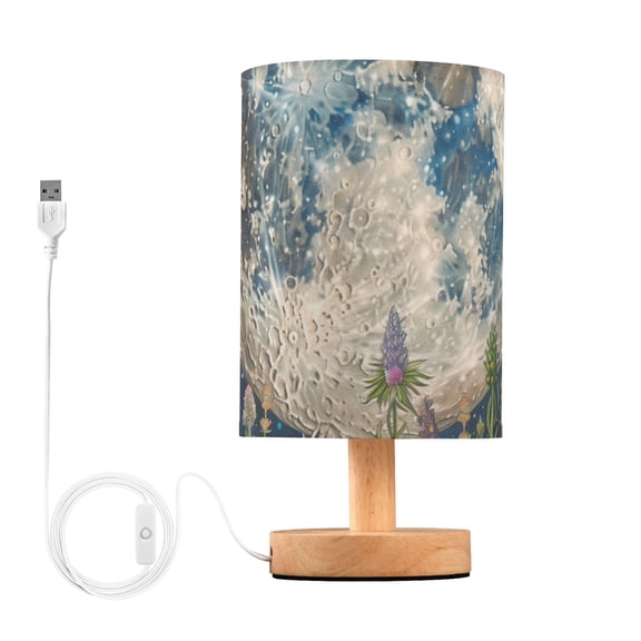 Bedside Desk Lamp LED Bulb Night Light USB Power Fabric Lampshade Table Lamps Wildflowers and Trees Surrounded Full Moon
