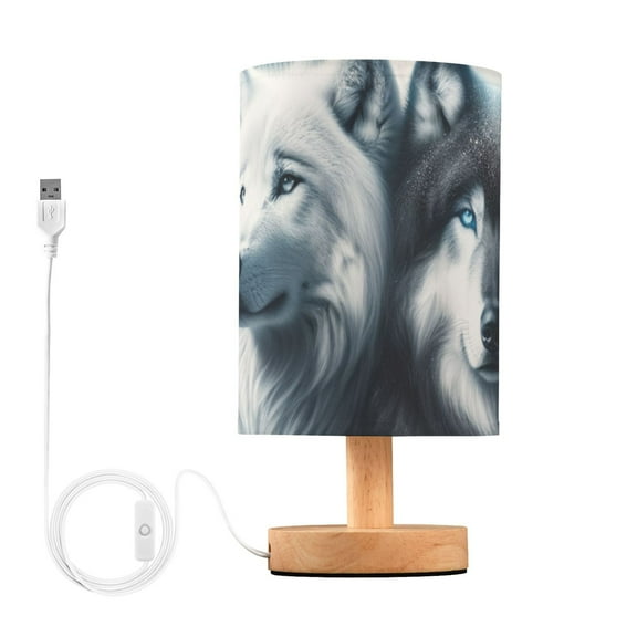 Bedside Desk Lamp LED Bulb Night Light USB Power Fabric Lampshade Table Lamps Wolves Lying under Moonlight