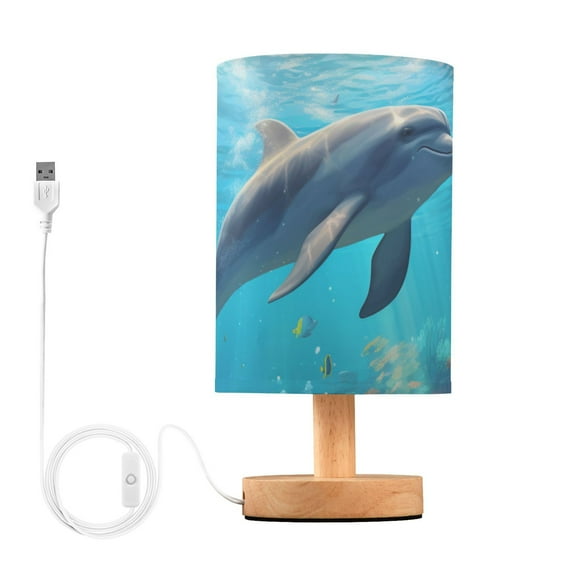 Bedside Desk Lamp LED Dolphin in Ocean Table Nightstand Lamps Warm Light Fabric Lampshade for Home Bedroom Office Living Room Decor