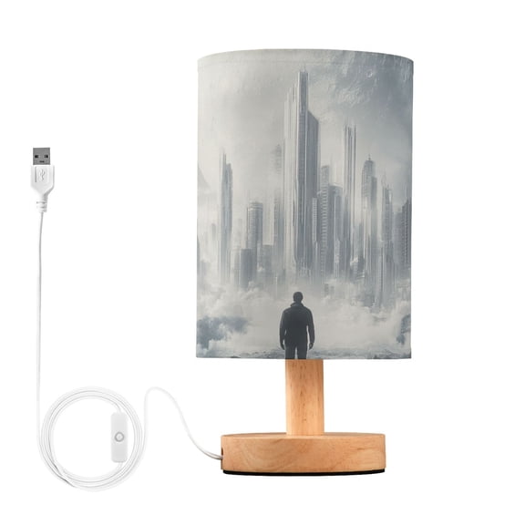 Bedside Desk Lamp LED Fantasy Planet City Table Nightstand Lamps Warm Light Fabric Lampshade for Home Bedroom Office Living Room Decor