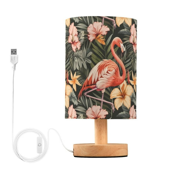 Bedside Desk Lamp LED Flamingo and Leaves Flowers Table Nightstand Lamps Warm Light Fabric Lampshade for Home Bedroom Office Living Room Decor