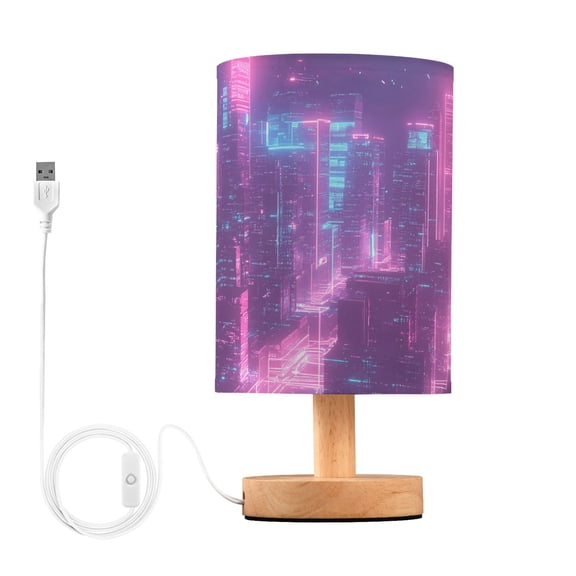 Bedside Desk Lamp LED Futuristic Cyberpunk City Table Nightstand Lamps Warm Light Fabric Lampshade for Home Bedroom Office Living Room Decor
