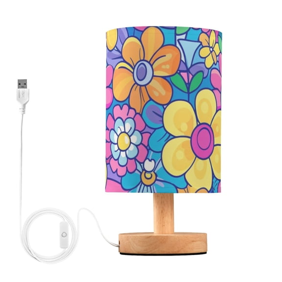 Bedside Desk Lamp LED Groovy Rainbow and Flowers Table Nightstand Lamps Warm Light Fabric Lampshade for Home Bedroom Office Living Room Decor