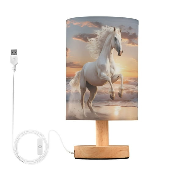 Bedside Desk Lamp LED Horse Running on Beach Table Nightstand Lamps Warm Light Fabric Lampshade for Home Bedroom Office Living Room Decor