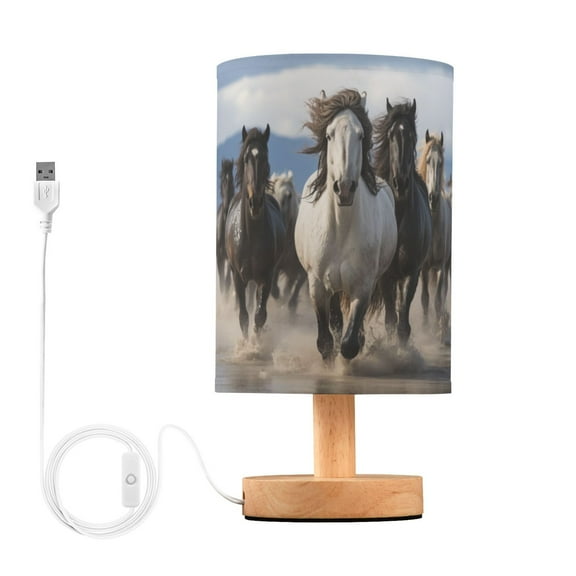 Bedside Desk Lamp LED Horses Galloping on Water Table Nightstand Lamps Warm Light Fabric Lampshade for Home Bedroom Office Living Room Decor