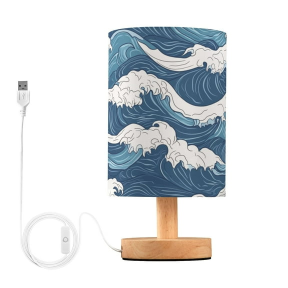 Bedside Desk Lamp LED Japanese Style Waves Table Nightstand Lamps Warm Light Fabric Lampshade for Home Bedroom Office Living Room Decor