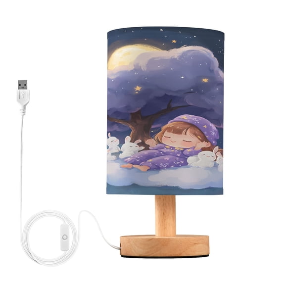 Bedside Desk Lamp LED Lovely Girl Bunny Moon Tree Table Nightstand Lamps Warm Light Fabric Lampshade for Home Bedroom Office Living Room Decor
