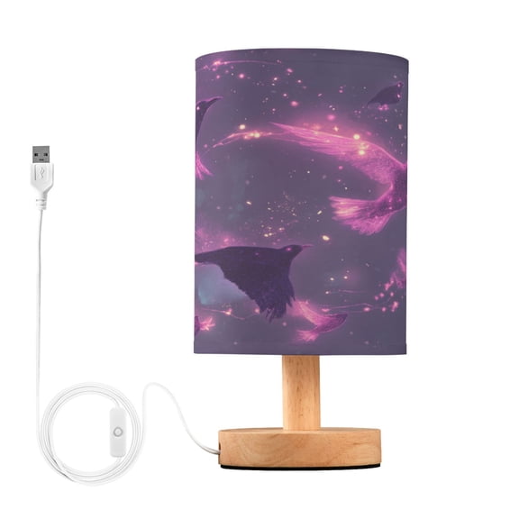 Bedside Desk Lamp LED Purple Glowing Birds Flying Table Nightstand Lamps Warm Light Fabric Lampshade for Home Bedroom Office Living Room Decor