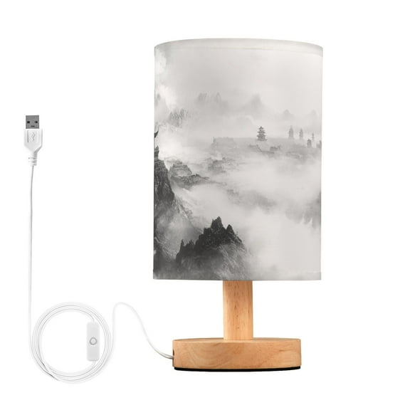 Bedside Desk Lamp LED Traditional Chinese Ink Landscape Table Nightstand Lamps Warm Light Fabric Lampshade for Home Bedroom Office Living Room Decor