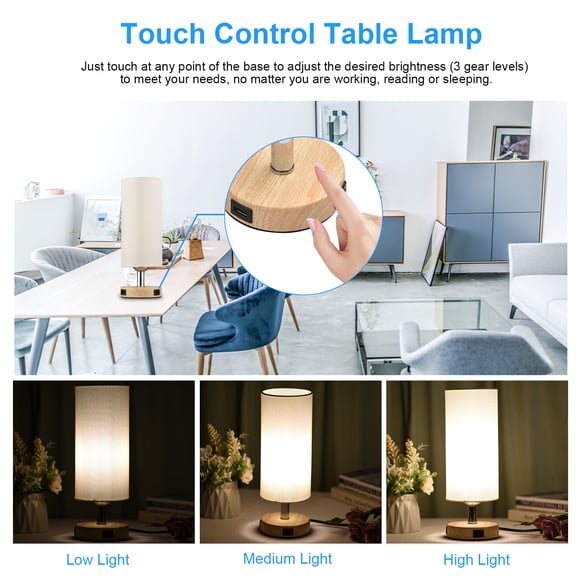 Bedside Desk Lamp Touch Control Table Lamp, Bedside Desk Lamp with E26 LED Bulb, 2 USB Ports, Warm White Light, Modern Tabletop Lamp for Bedroom, Living Room