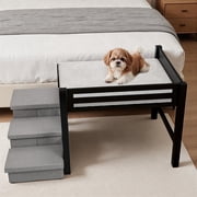 Bedside Dog Bed with Stairs and Mattress, Elevated Wooden Pet Bed Frame with 3-Step Foldable Storage Staircase & Plush Mattress, for Small and Medium Dogs, Medium Size