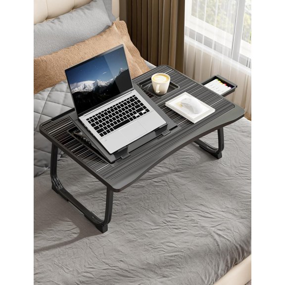 Bedside Folding Table, with Cup Holder, Suitable for Daily Office Work with laptops, for Working on The Bed, Drawing, Painting, and Simple Dining, etc. (Basic Walnut WE)