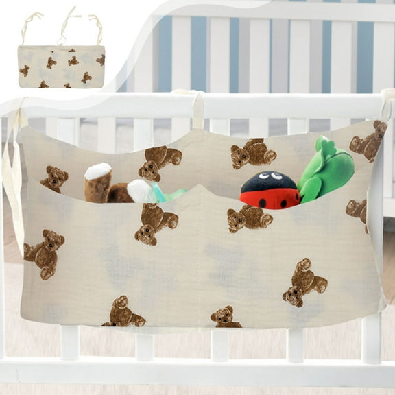 Bedside Hanging Storage Bag, 2 Pockets Cotton Bedside Hanging Bags Bed Organizer Crib Organizer Nursery Bed Organisers for Cribs Toys, Beige