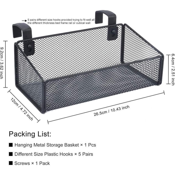 Bedside Hanging Storage Caddy with Hooks – Metal Bedside Organizer Basket for Dorm, Bunk Bed, Hospital Bed & Crib, Space-Saving Bedside Shelf Storage Rack