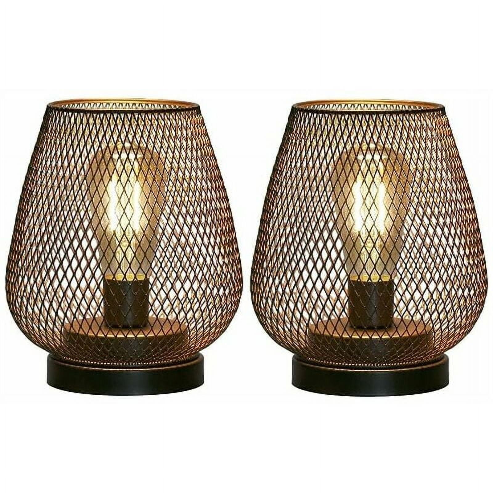 Set of 2 Black Metal Cage Cordless Outdoor Table Lamps
