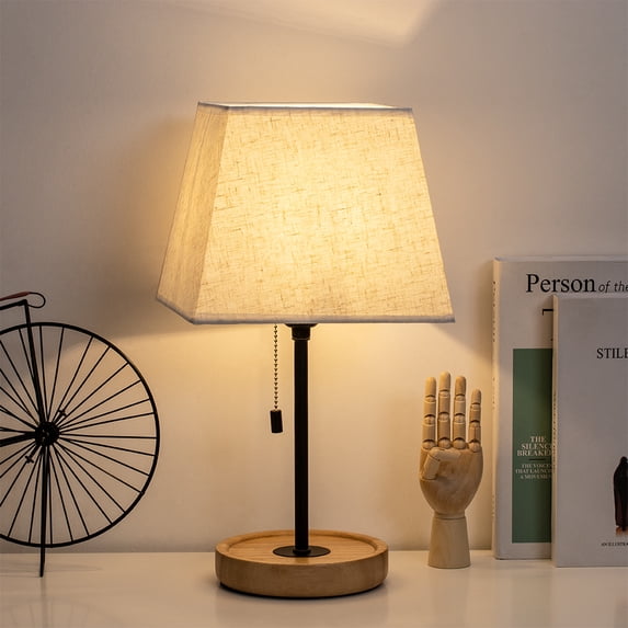 Bedside Lamp Set of 2, Zip Switch and Wooden Base, Trapezoidal Linen Shade