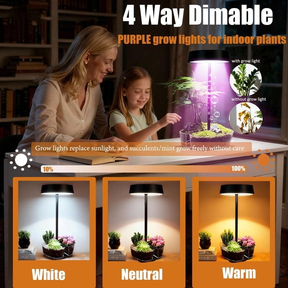 Bedside Lamp, Table Lamp for Bedroom with 4 Color Dimming, Grow Lights for Indoor Plants, Battery Powered Cordless Light for Bedroom