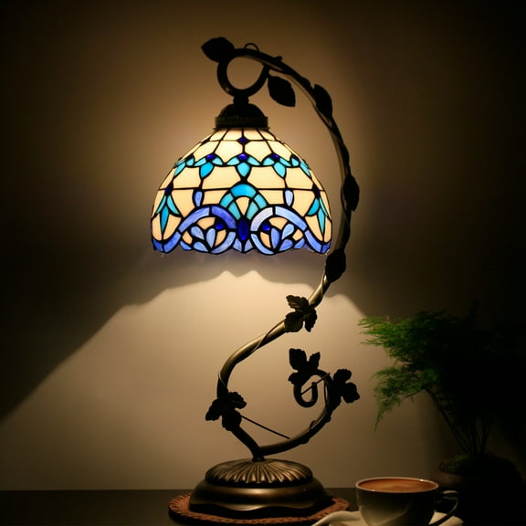 Bedside Lamp, Tiffany Style White Blue Stained Glass Table Lamp, Banker Desk Light , Metal Leaf Thin Base 21" Tall, Living Room Bedroom Country Farmhouse Industrial Rustic WERFACTORY LED Bulb Included