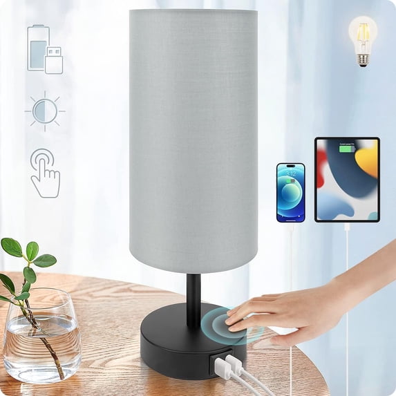Bedside Lamp with USB Port - Touch Control Table Lamp for Bedroom 3 Way Dimmable Nightstand Lamp with Round Grey Fabric Shade for Living Room, Dorm, Home Office (LED Bulb Included)