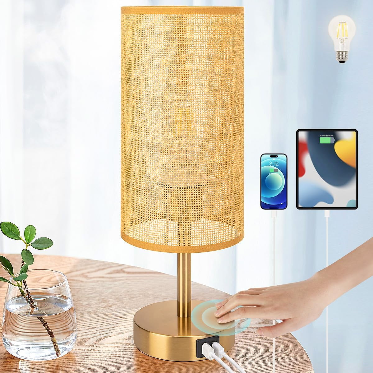 Bedside Lamp with USB Port Touch Control Table Lamp for Bedroom Wood