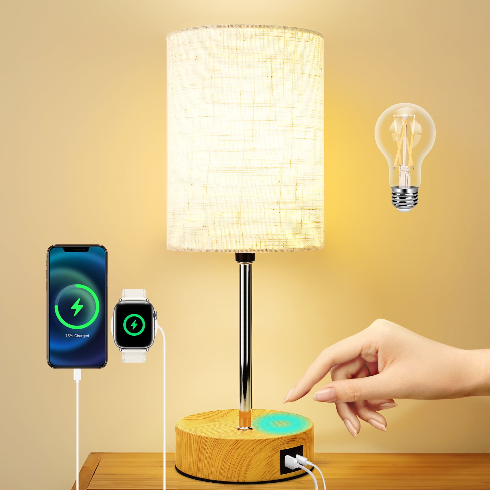 Bedside Lamp, with USB Port - Touch Control Table Lamp for Bedroom Wood 3 Way Dimmable Nightstand Lamp with Round Flaxen Fabric Shade for Living Room, Dorm, Home Office, - (LED Bulb Included)