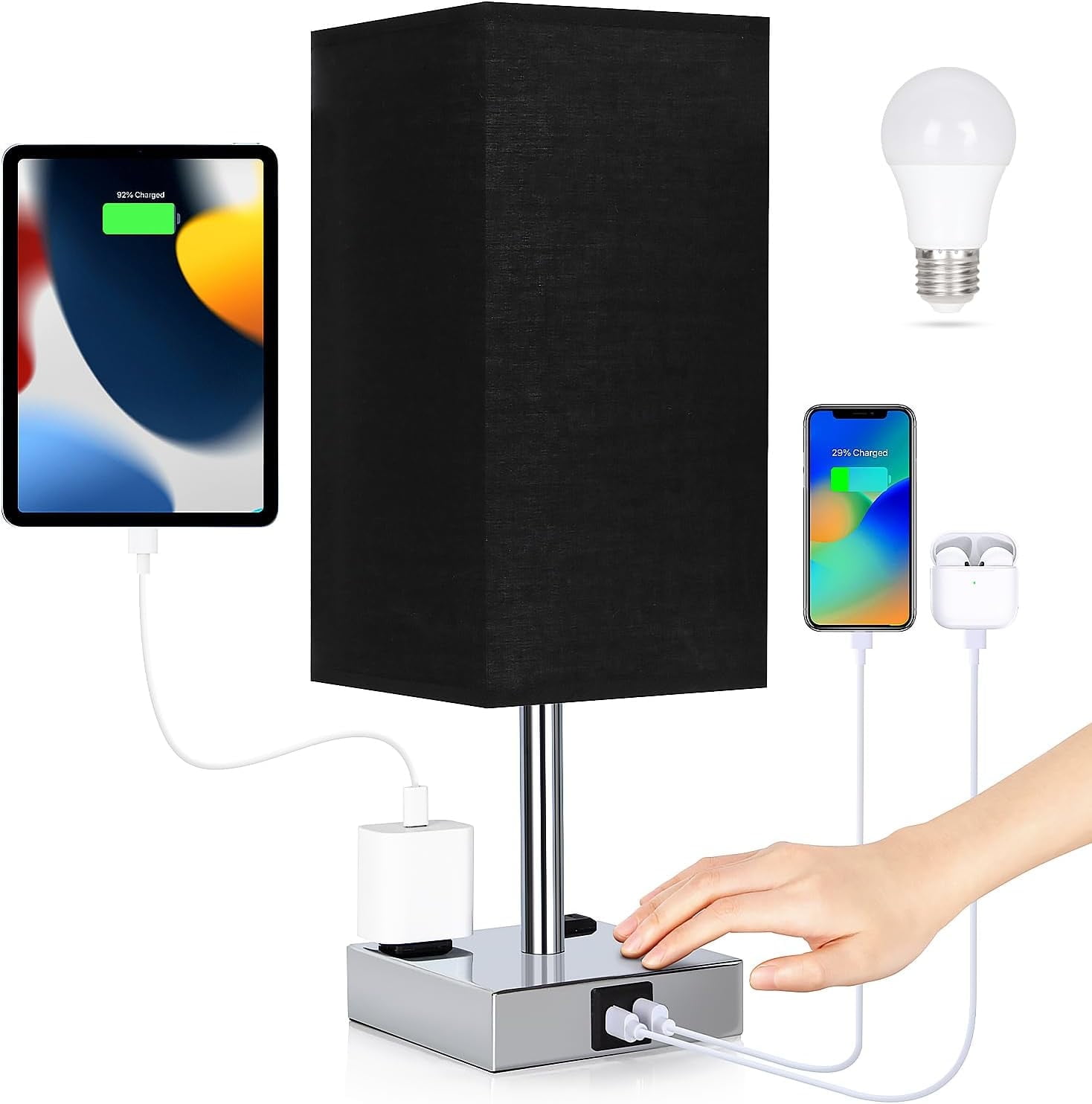 Bedside Lamp with USB Ports - Touch Control Table Lamp for Bedroom with USB C+A Charging Ports & AC Outlets, 3 Way Dimmable Nightstand Light for Living Room (LED Bulb Included）