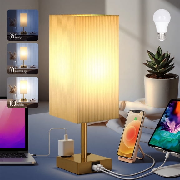 Bedside Lamp with USB Ports - Touch Control Table Lamp for Bedroom with USB C+A Charging Ports & AC Outlets, 3 Way Dimmable Nightstand Light for Living Room (LED Bulb Included）