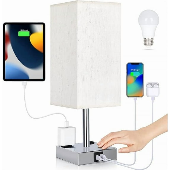 Bedside Lamp with USB Ports - Touch Control Table Lamp for Bedroom with USB C+A Charging Ports & AC Outlets, 3 Way Dimmable Nightstand Light for Living Room (LED Bulb Included, Chrome - Flaxen)
