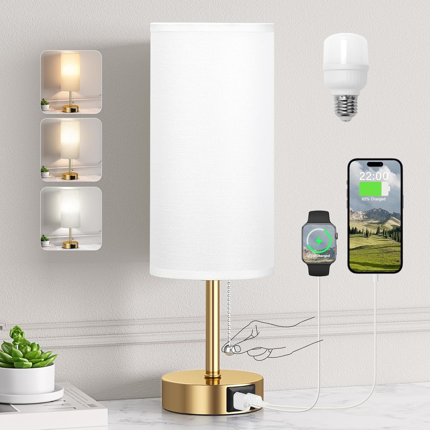 Bedside Lamps for Bedroom - Nightstand Table Lamp with USB A + C ...