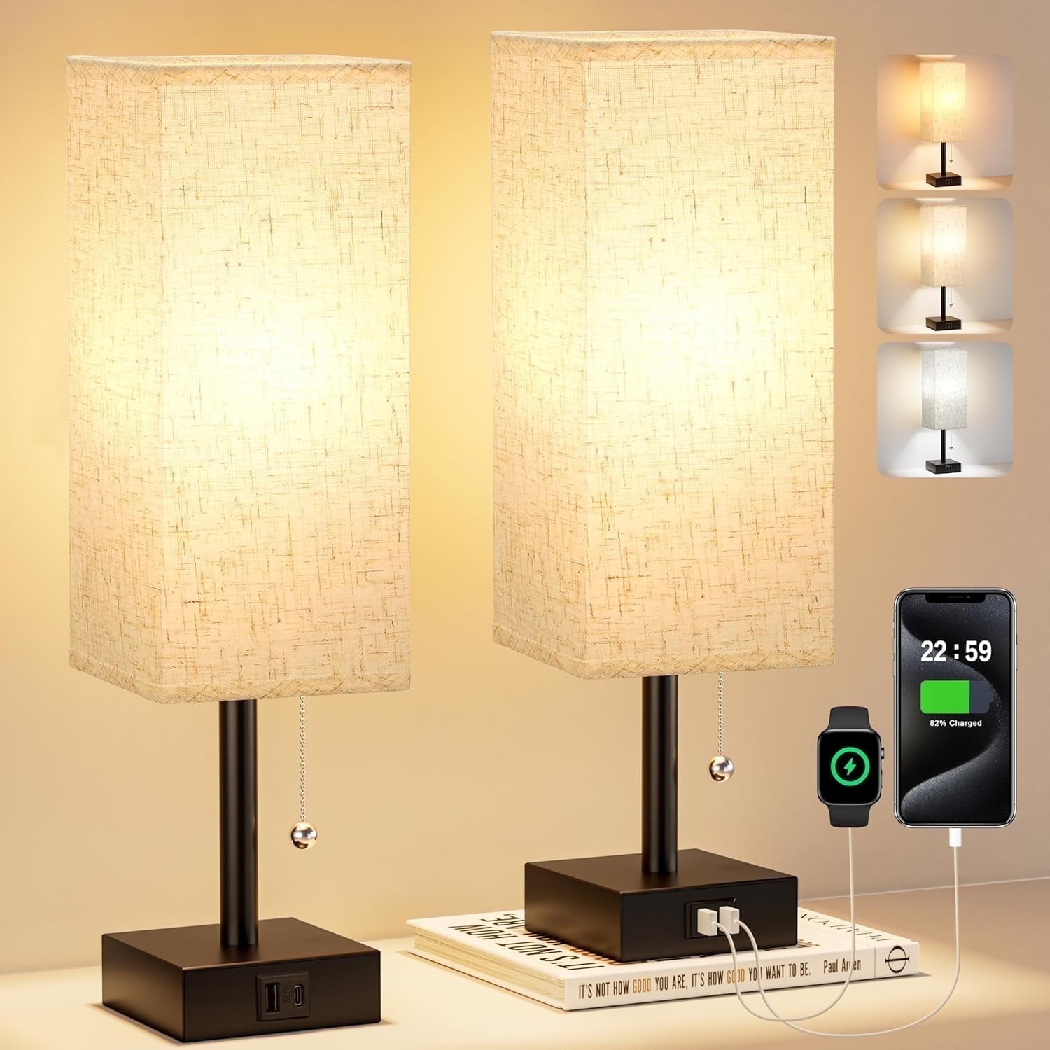 LUFF Table Lamps for Bedroom Set of 2 Bedside Small Lamps with 3 Way Dimmable Rocker Switch, Minimalist Night Stand Light Lamp with Square Fabric Shade for Living Room, Desk, LED Bulb included