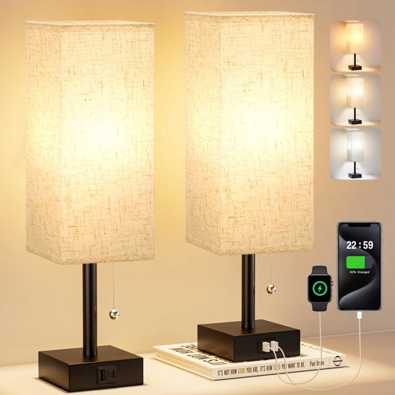 Bedside Lamps For Bedroom Set Of 2 - Small Rectangular Nightstand Lamp With Usb A C Charging Port 3 Color Temperatures Desk Light Bulb Tabletop Reading Living Room/dorm/office