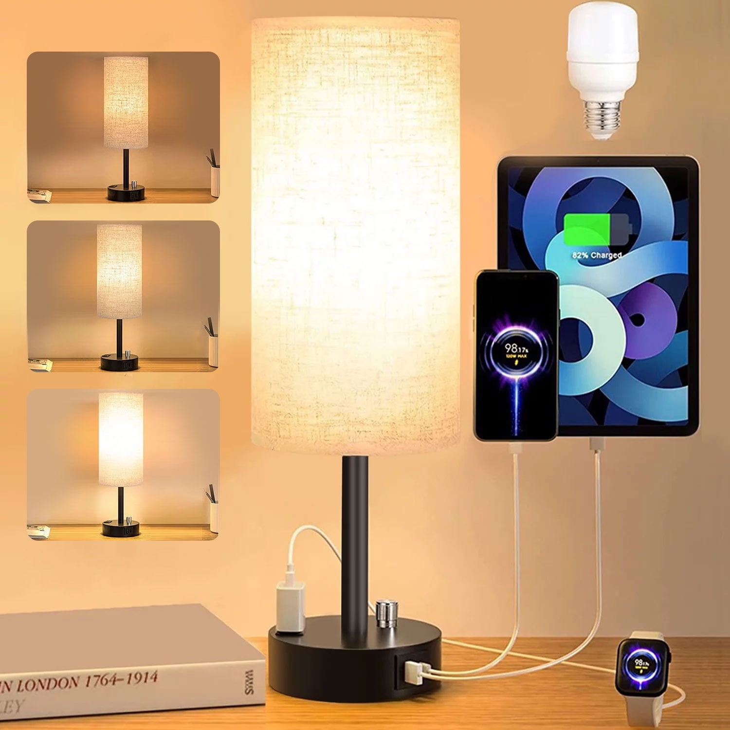 Bedside Lamps for Bedrooms Fully Dimmable Nightstand Lamps with USB C&A Charging Port, Table