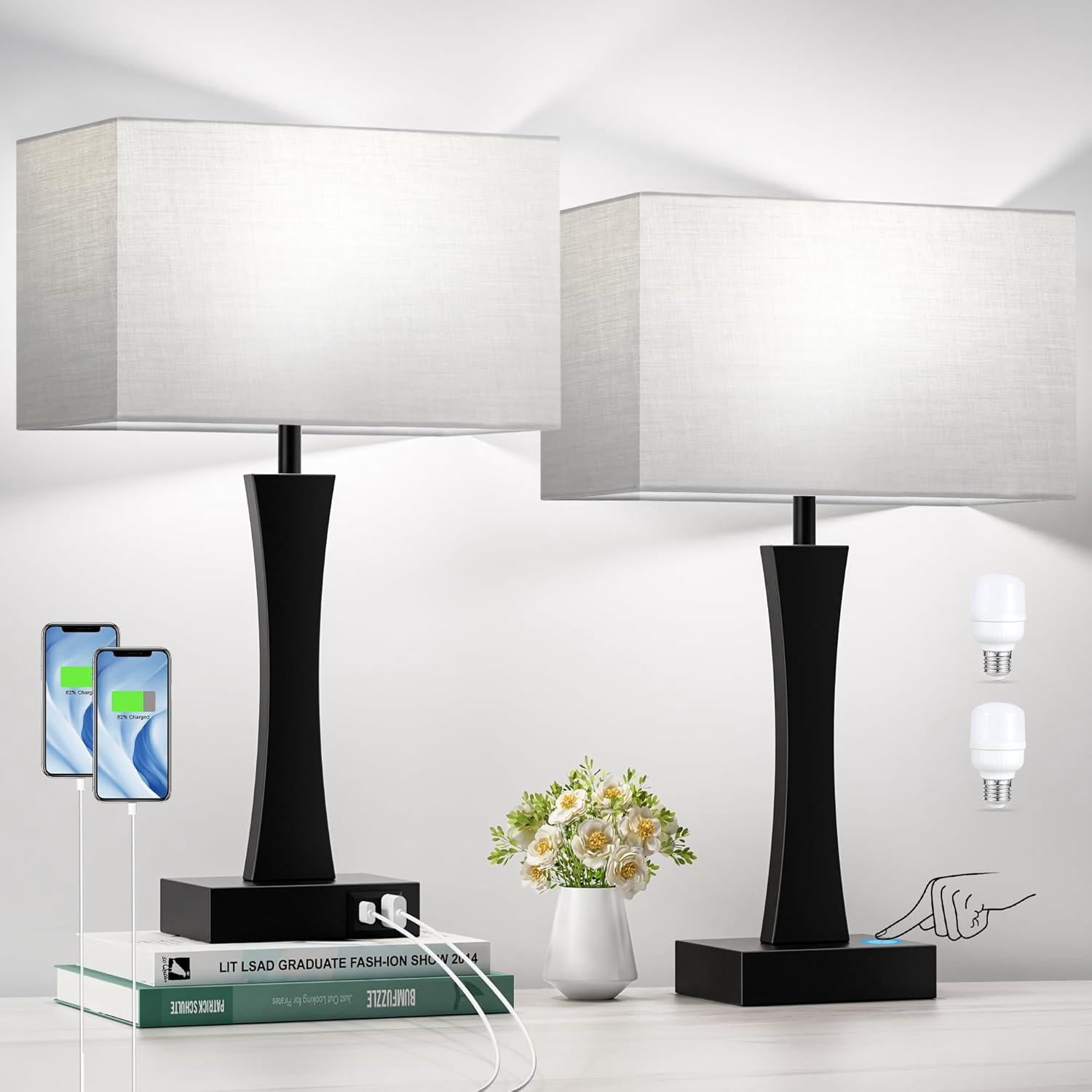 Touch Table Lamps Set Of 2, 22" Nightstand Lamps, Bedside Lamps With USB C+A Charging Ports, 3