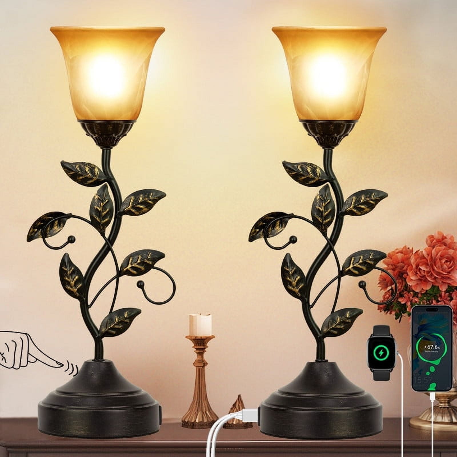 Bedside Lamps Set of 2, 19.5 Inch Table Lamp for Bedroom Touch Control 3-Way Dimmable, Lamps for Night Stands with USB & Type C Ports, Vintage Leaf Branch Amber Glass Shade Table Lamp for Living Room