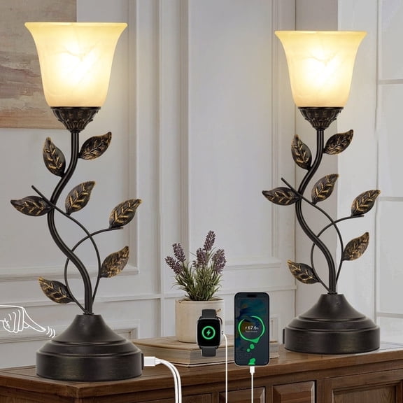 Bedside Lamps Set of 2, 20 Inch Table Lamp for Bedroom Touch Control 3-Way Dimmable Table Lamp for Living Room 2 USB Ports, Torchiere Lamps for Night Stands Metal Leaf Glass Shade, Bulbs Included