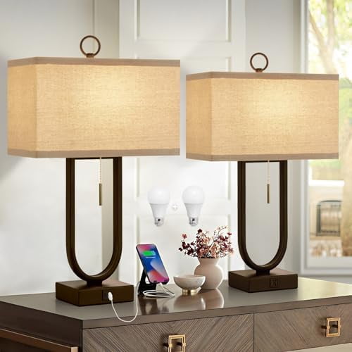 Bedside Lamps Set of 2, 24'' Tall Table Lamps for Night Stands with USB C+A Ports, 3000K LED Bulbs - Modern Desk Lamp for Bedroom, Living Room, Office, Beige Lampshade