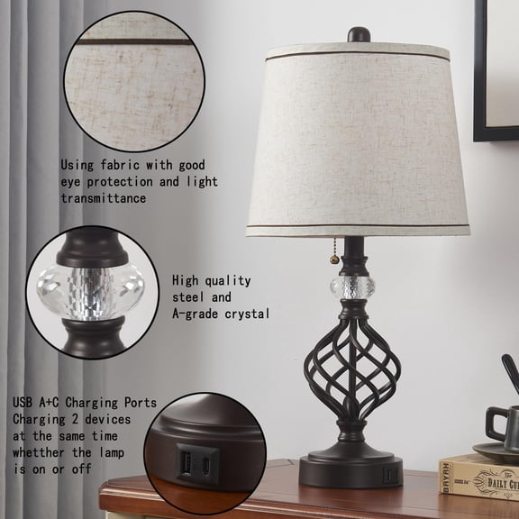 Bedside Lamps Set of 2 Coffee Gold Traditional Rustic Farmhouse 22.5" high Iron Scroll Tapered and Crystal Lamp Body with A+C USB Charging Ports for Living Room Bedroom Bedside Nightstand
