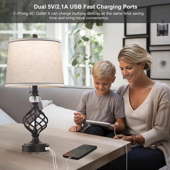 Bedside Lamps Set of 2 Coffee Gold Traditional Rustic Farmhouse 22.5" high Iron Scroll Tapered and Crystal Lamp Body with AC USB Charging Ports for Living Room Bedroom Bedside Nightstand