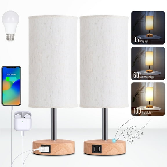 Bedside Lamps Set of 2 with USB Charging Ports - Touch Control Table Lamp for Bedroom Wood 3 Way Dimmable Nightstand Lamp with Round Flaxen Fabric Shade for Living Room,Dorm,Office