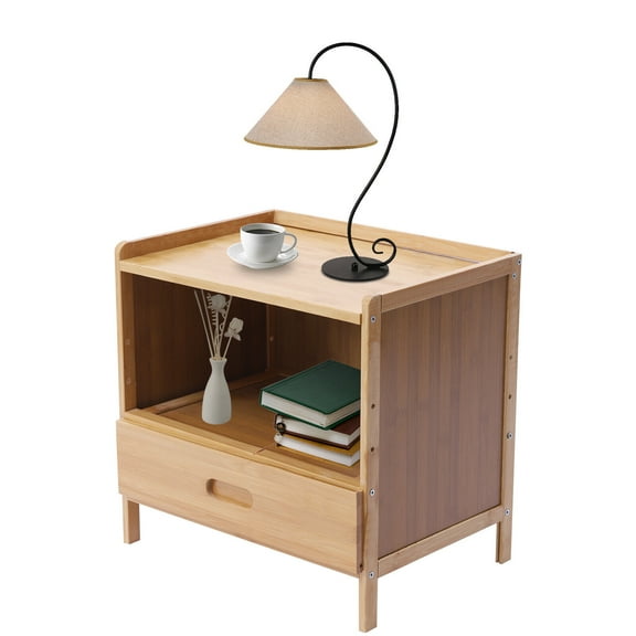 Bedside Nightstand End Table+Drawer Bedroom Storage Organizer Side Table Bamboo 50lbs 16.5"L*11.8"W*15.7"H