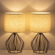 Bedside Nightstand Lamp, Black Hollowed Out Base with Linen Fabric Shade Lamps Set of 2