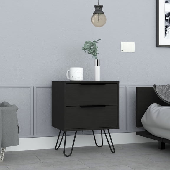 Bedside Nightstands, Augusta 2 Nightstand , End Table, Side Table Four Legs, Two Drawers -Black, Black Wooden Nightstands,Particle Board Nightstands With Storage