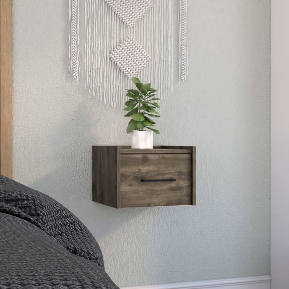 Bedside Nightstands, Boa Floating Nightstand , End Table, Side Table Wall-Mounted Single Drawer Design with Handle- Dark Brown - Bedroom, Brown Wooden Nightstands,Nightstands With Storage