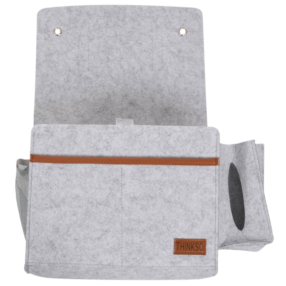 Bedside Organizer, Felt Bed Storage with Tissue Box and Water Bottle Holder, Magazine Phone Tablet - Light Gray