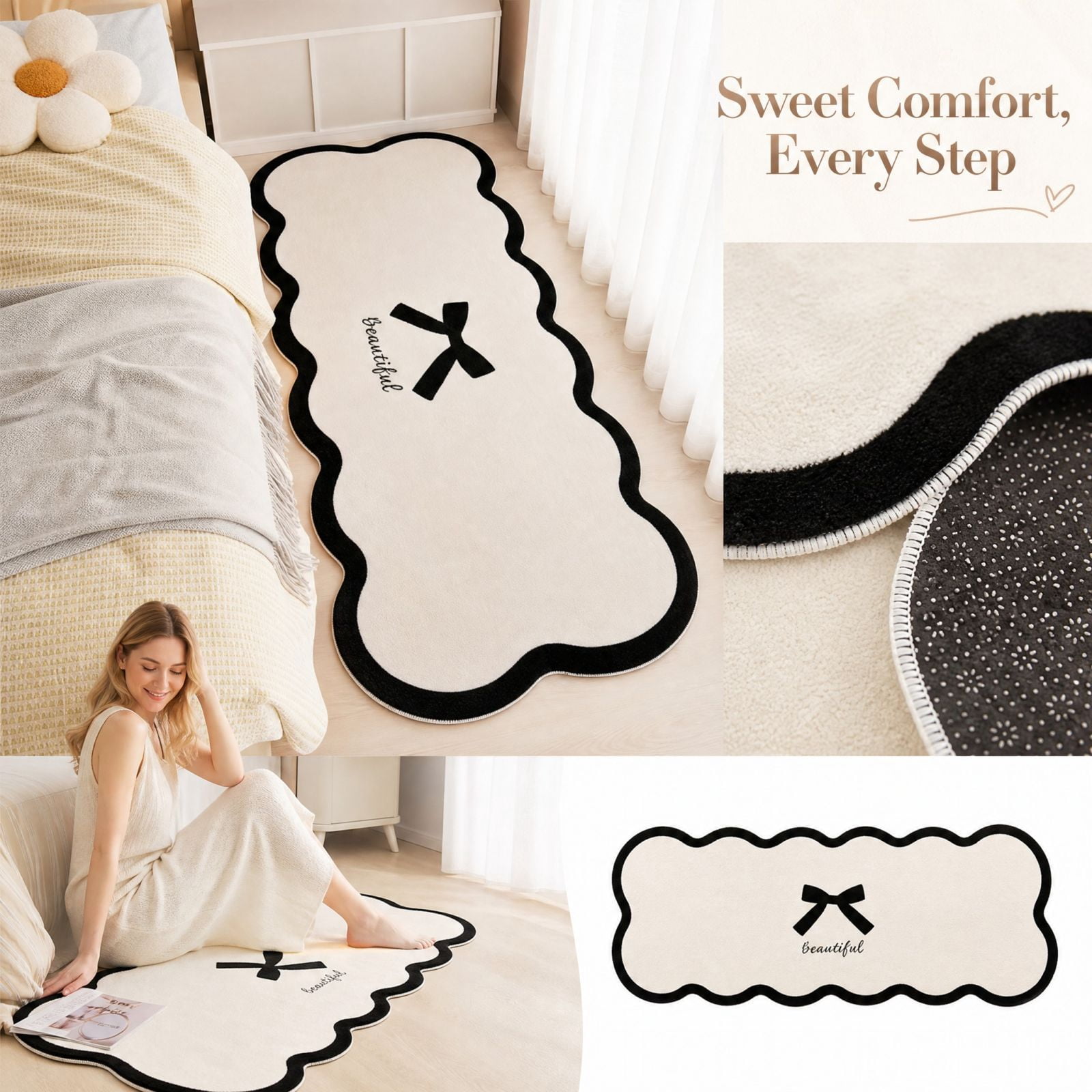 Cute Colorful Rug Bedside Rug Cute Wavy Irregular Rug with Black Bow Decor Soft Non Slip ...